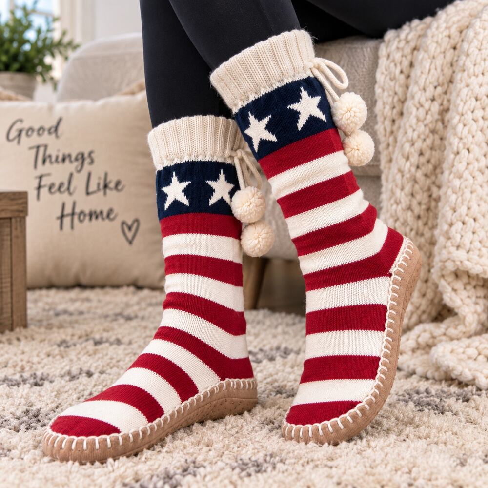 Patriotic American Flag Knit Slipper Socks Red White Blue Pom Pom